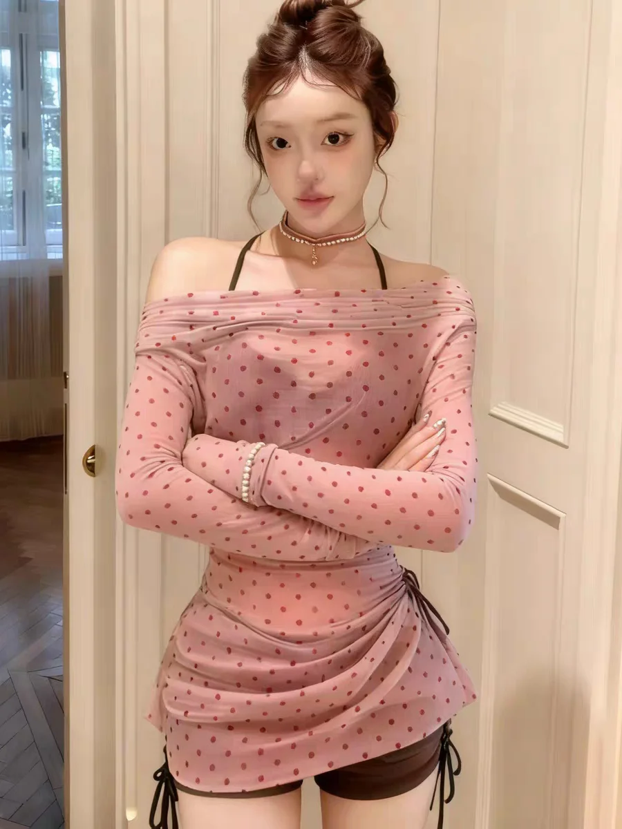 

2026 New Polka Dot Bikini Tee Piece Set Slimming Gathered Hot Spring Beach Vaion High End Beautiful Swimsuit V Ne Long...