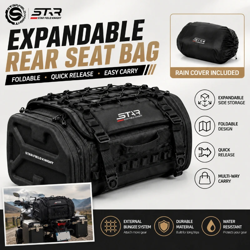 Motorcycle Expandable Rear Seat Bag Foldable Tail Luggage Storage Bag with Rain Cover for Touring Riding Travel  Bolsa Moto