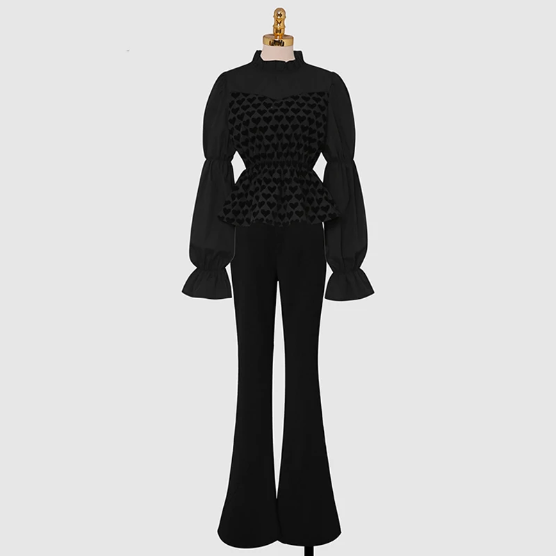 Spring Women's Clothing 2022 New Fashion Small Stand-up Collar Puff Sleeves Waist Stitching Top Thin Horseshoe Trousers Suit