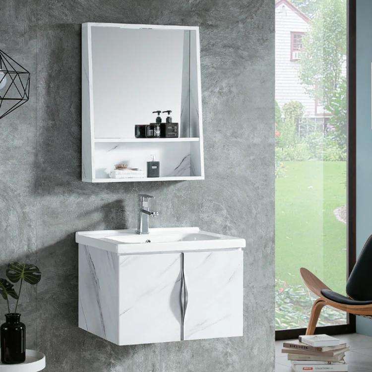 

Hot Selling Modern Rustic Hotel Pvc Single Sink Mirror Wall Hung Bathroom Furniture Vanity Cabinet