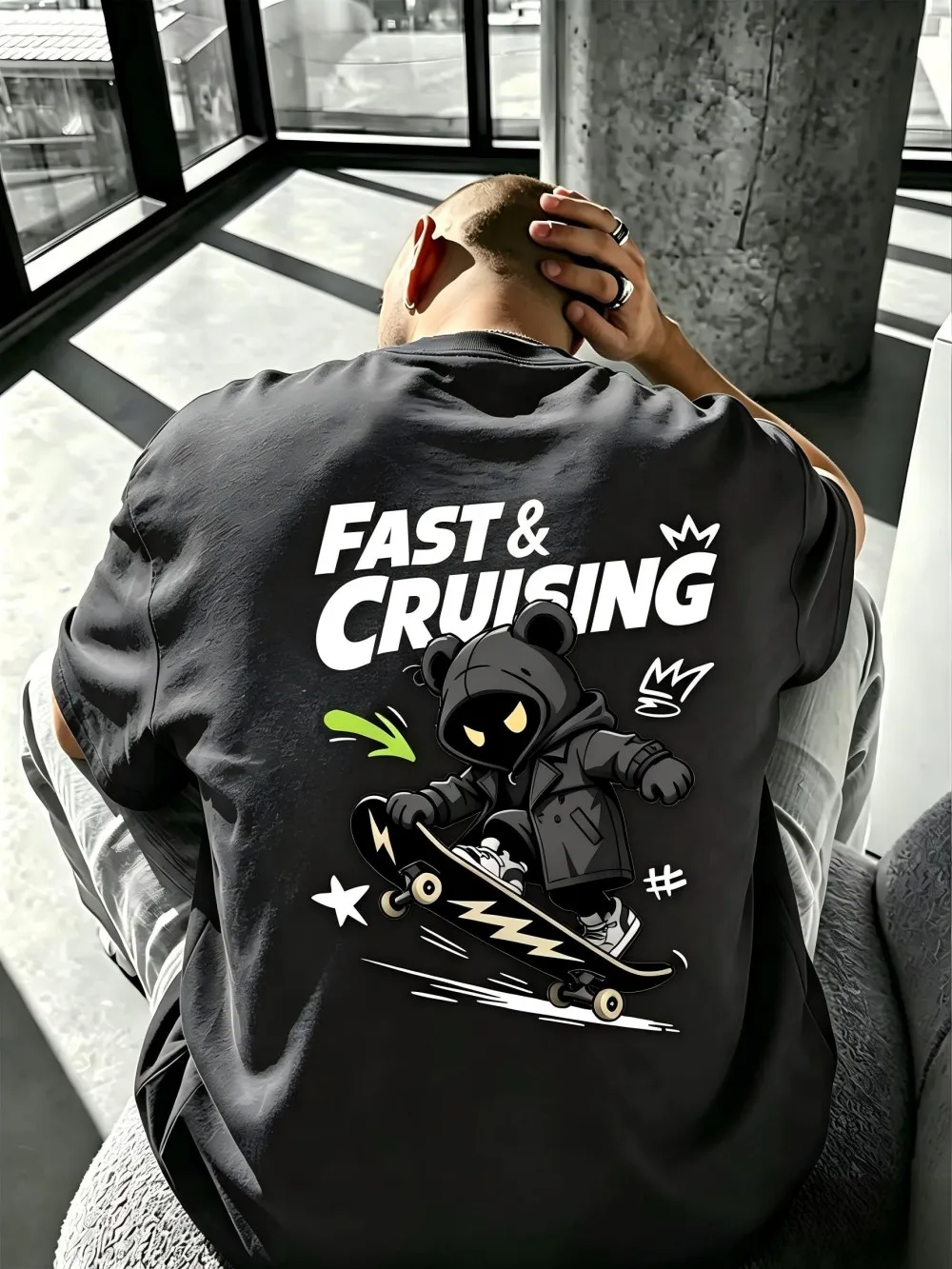 New Men's Summer Skateboarding Teddy Bear Letter Printed Micro Elastic Breathable Round Neck T-shirt Outdoor Street Style Top