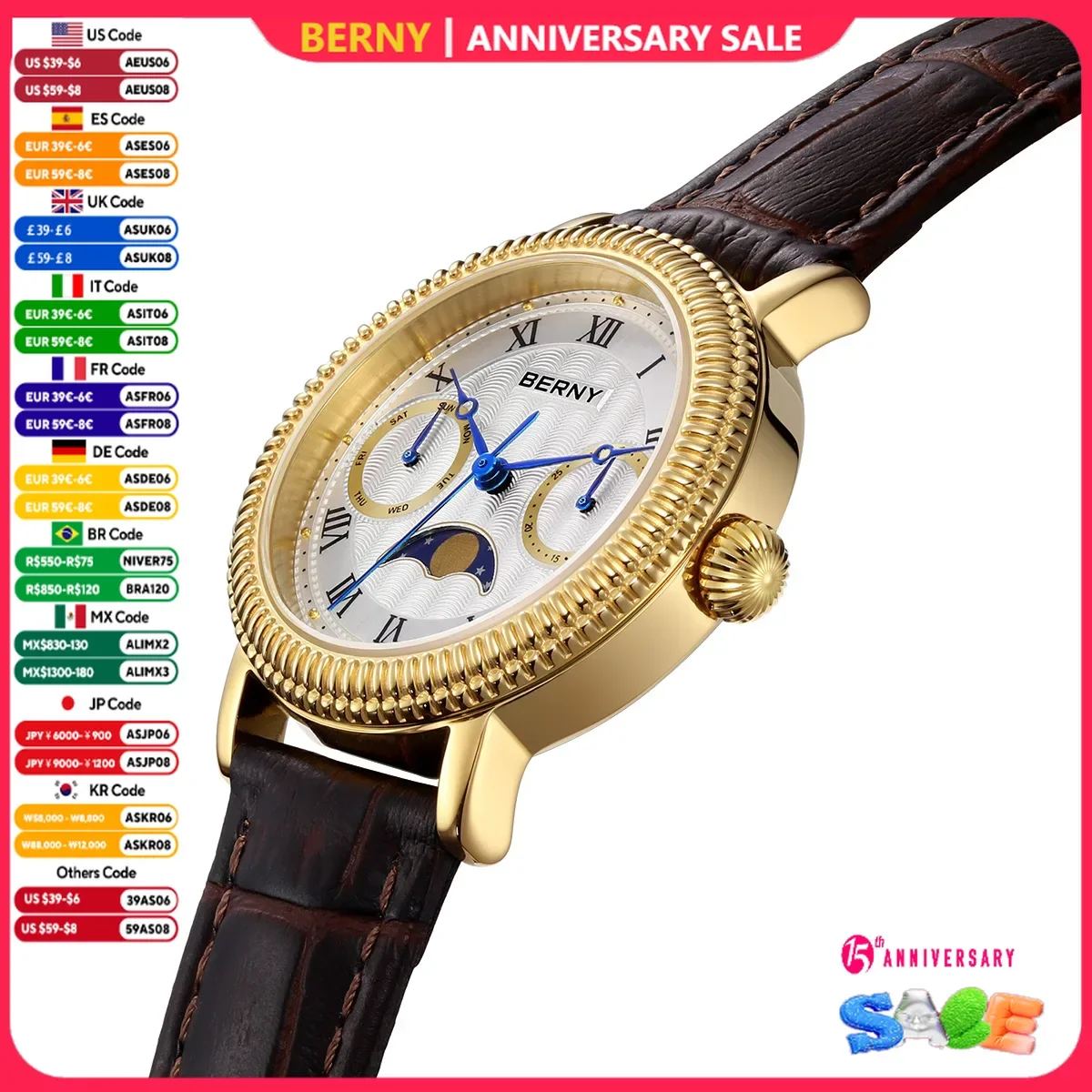 

BERNY Watches for Women Week Calendar Sapphire Luxury Dress Ladies Gold Quartz Watch Elegant Vintage Moon Phase Wristwatch Gifts