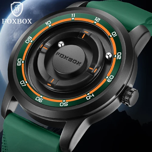 Reloj FOXBOX de silicona verde a la moda para hombres, deportes al aire libre, resistente al agua, puntero de desplazamiento, reloj de pulsera de cuarzo de fuerza magnética para hombres