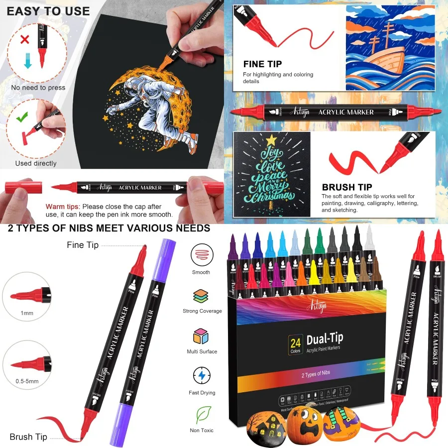

24 Colors Acrylic Paint Pens with Dual Tip Design Featuring Fine Tip and Brush Tip for Creative Applications on Rocks Ceramics