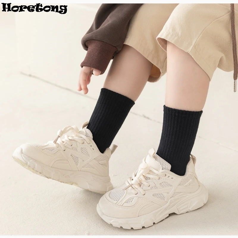 Horetong-Calcetines de algodón para niño y niña, medias suaves y transpirables, color negro, para mayores de 3 años, 5 pares por lote