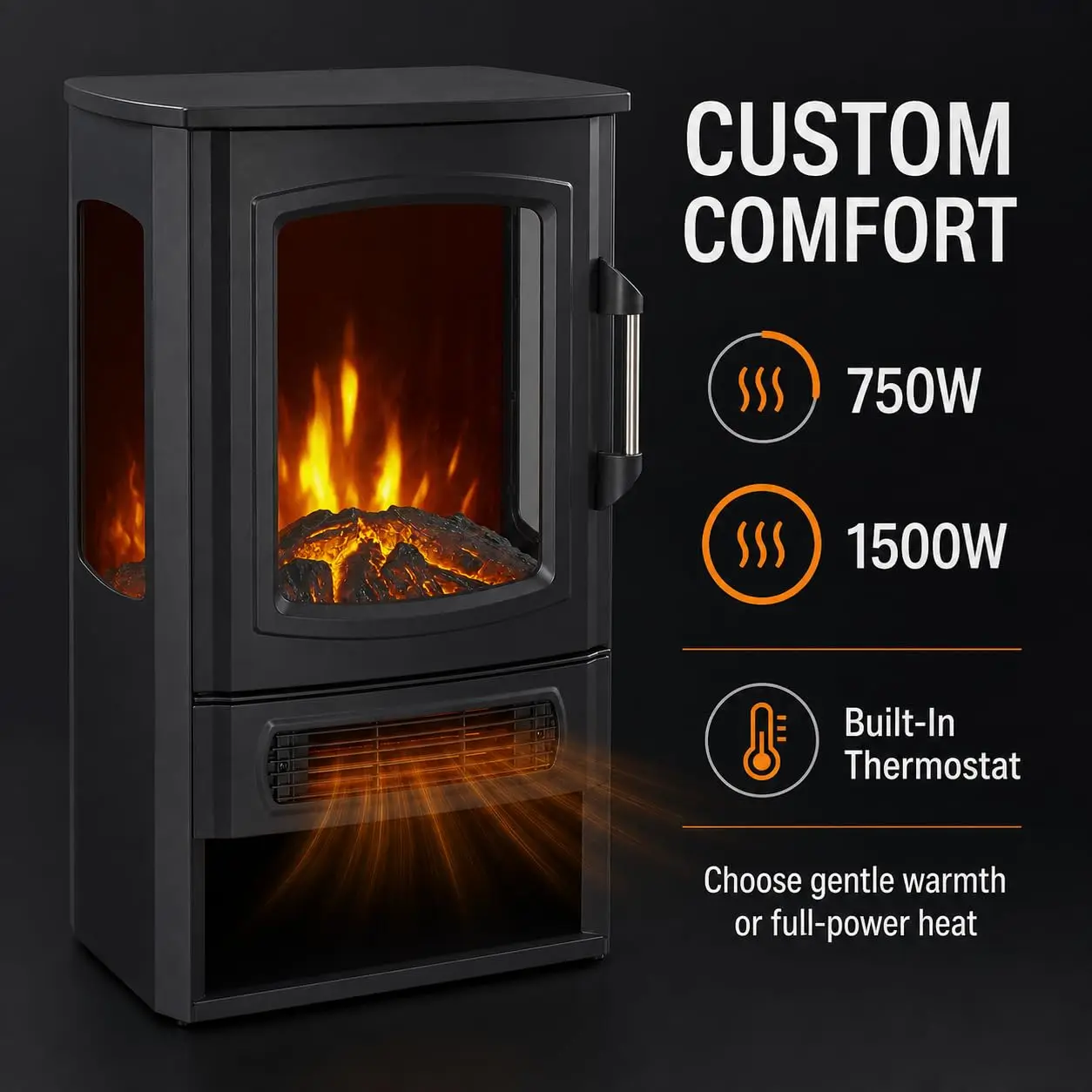3-Sided Electric Fireplace with Dual Heat Settings, LED Flame Effect, Quiet Freestanding Heater for Bedroom & Living Room – Black