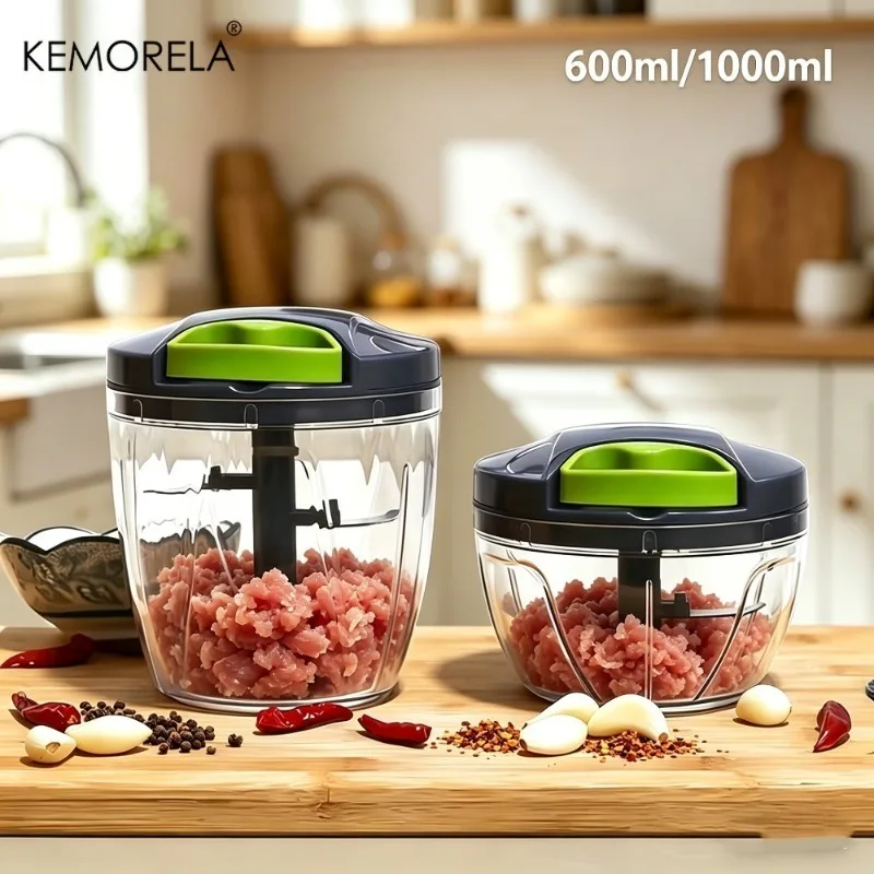 Picadora Manual de Alimentos de 600/1000 ml, Cortador de Verduras con Cuerda, Picadora de Cebollas y Ajos, Procesador de Alimentos para Frutas, Hierbas y Nueces