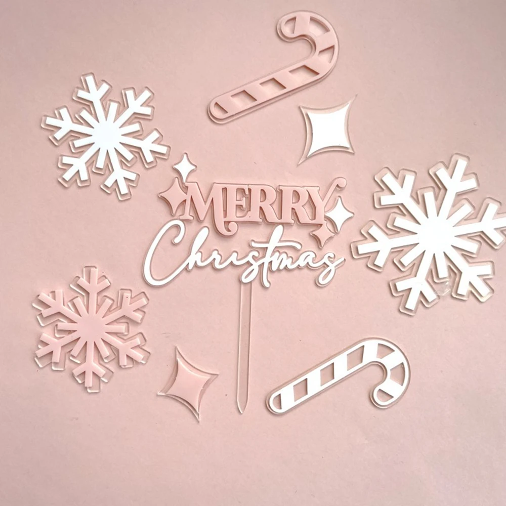 8pcs/set Acrylic Christmas Cake Decorations Merry Christmas Snowflakes New Year Party Cake Topper Decorations Supplies