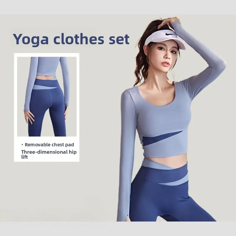 

Seamless Yoga Outfit for Women Long Sleeve Color Block Sports Top with Padded Bra High Waist Workout Leggings
