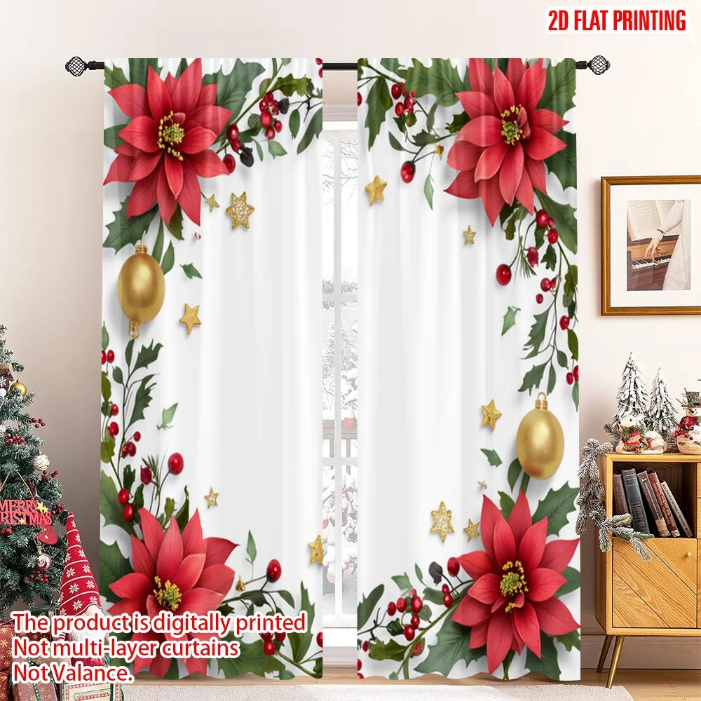 

2pcs 2D flat printing Merry Christmas Drapes Christmas Poinsettia Holly Ornaments Polyester Without Electricity Spring Use for