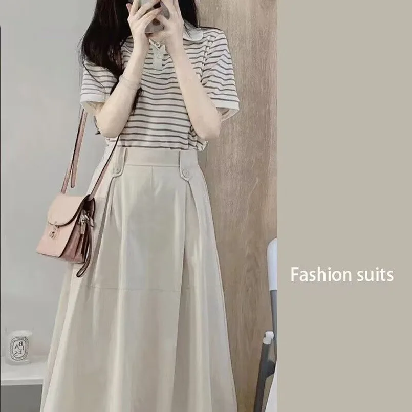 Summer Sweet Style Skirt Set 2024 New Korean Style Style Casual Fashion Short Sleeve Top Half Skirt Set