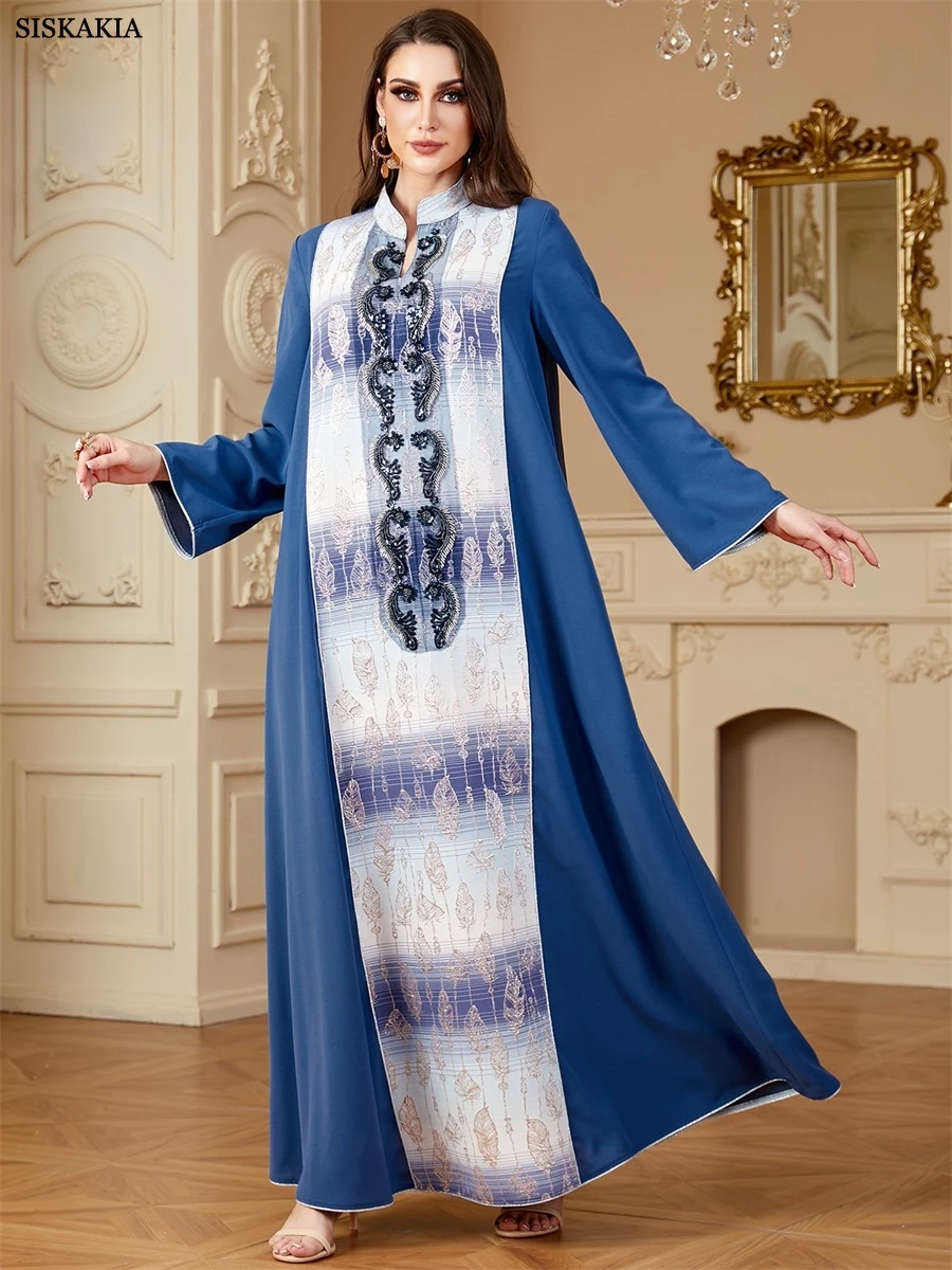 Siskakia Ramadan Muzułmańska damska patchworkowa sukienka z koralikami Abaya Jacquard Casual Loose Maxi Dress Poliester Kaftan