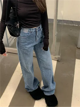 Benuynffy 女性ストリートルーズヴィンテージジーンズ韓国ファッションラインストーン Y2K カジュアルハイウエスト女性ストレートレッグデニムパンツ