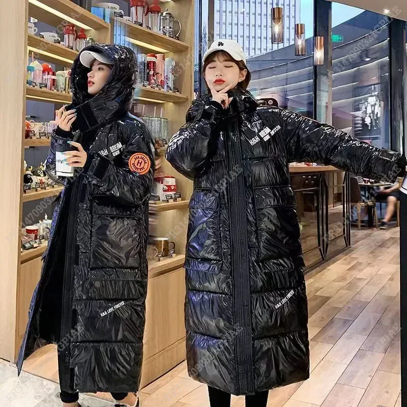 Winter Frauen Parka Jacke warme dicke lange Daunen Baumwoll mantel weibliche lose übergroße Kapuze glänzende Tasche Mantel Weihnachten