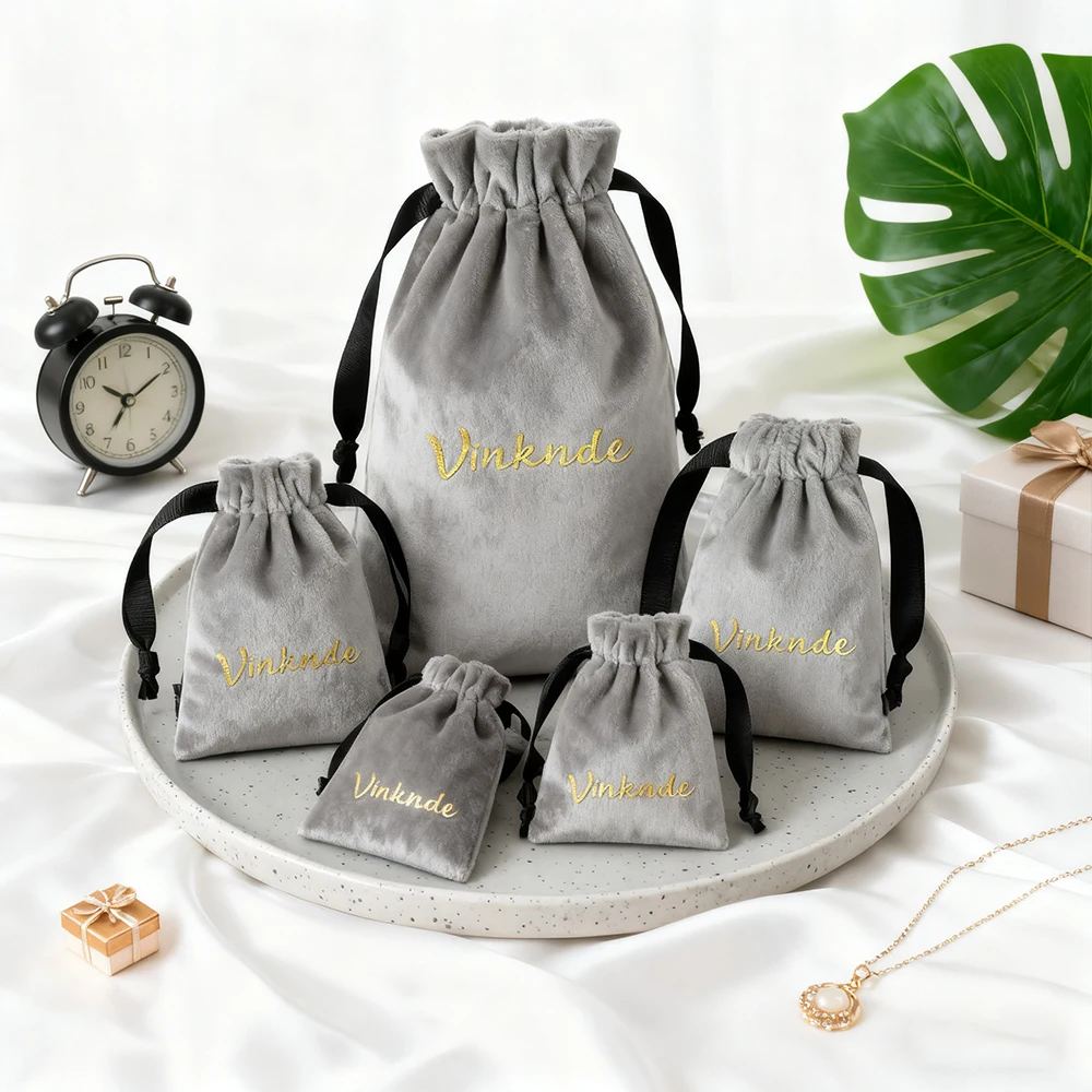 

Лидер продаж, серая бархатная сумка для ювелирных изделий на шнурке с индивидуальным логотипом, хлопковый бархатный подарок, парфюмерные косметические сумки для упаковки макияжа