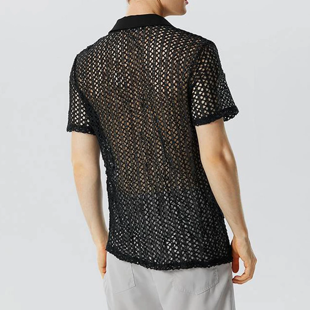 New Men Sexy Summer Mesh See Through Hollow Out Lapel Short Sleeve Shirt Fashion Streetwear Fashion Knitted Loose Male Shirts