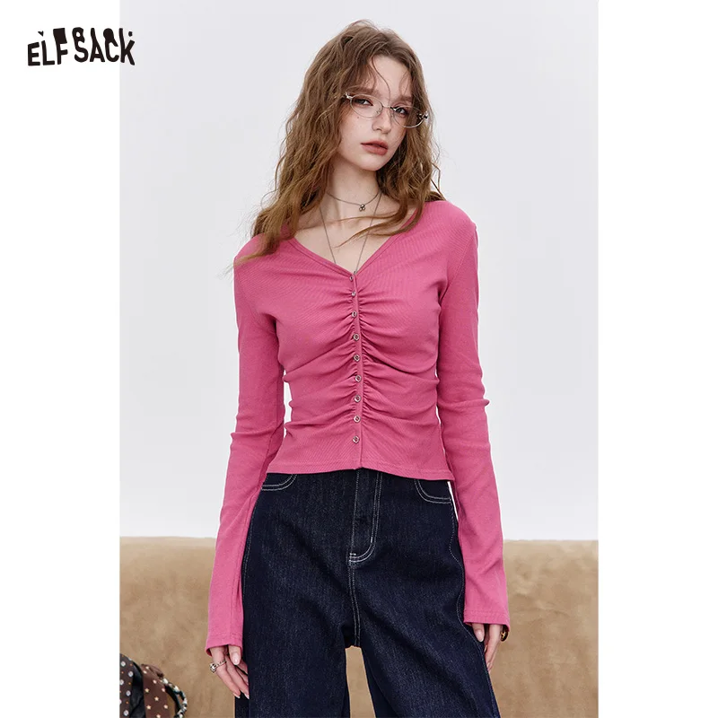 

ELFSACK 2025 Autumn New Arrival Casual Fitted Crinkle Solid Long Sleeve T-Shirt For Woman
