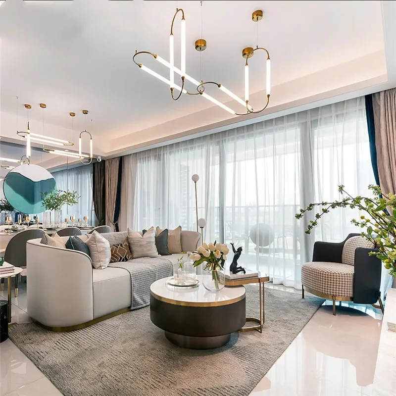 Postmodern curved leather sofa combination, living room Italian villa model room furniture