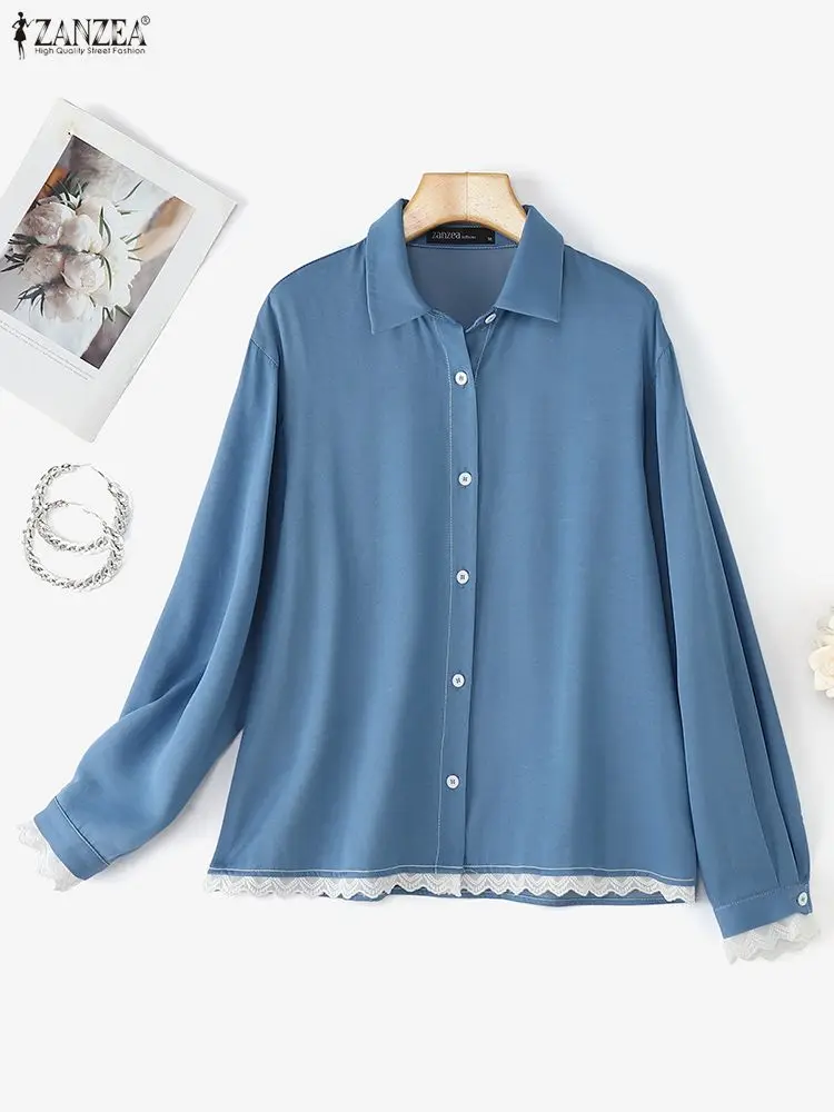 

ZANZEA Women Shirts Fashion Long Sleeve Blouse Solid Lace Patchwork Tunic Tops Autumn Lapel Elegant Office Streetwear Blusas