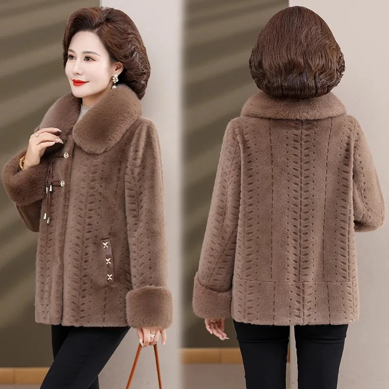 High-quality Mother Winter Fur Jacket Noble Women Mink Coat Middle Aged Female Fox Fur Collar Short Overcoat Mink Velvet Outwear