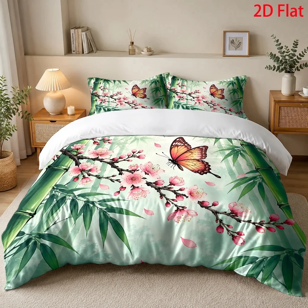 3Pc Chinese Style Ink Bamboo Duvet Cover Set, Three-Piece Bed Set (1*Duvet Cover + 2*Pillowcases), Comforter Sets Quilt Cover Bedding Set Breathable Polyester Invisible Zipper Machine Washable