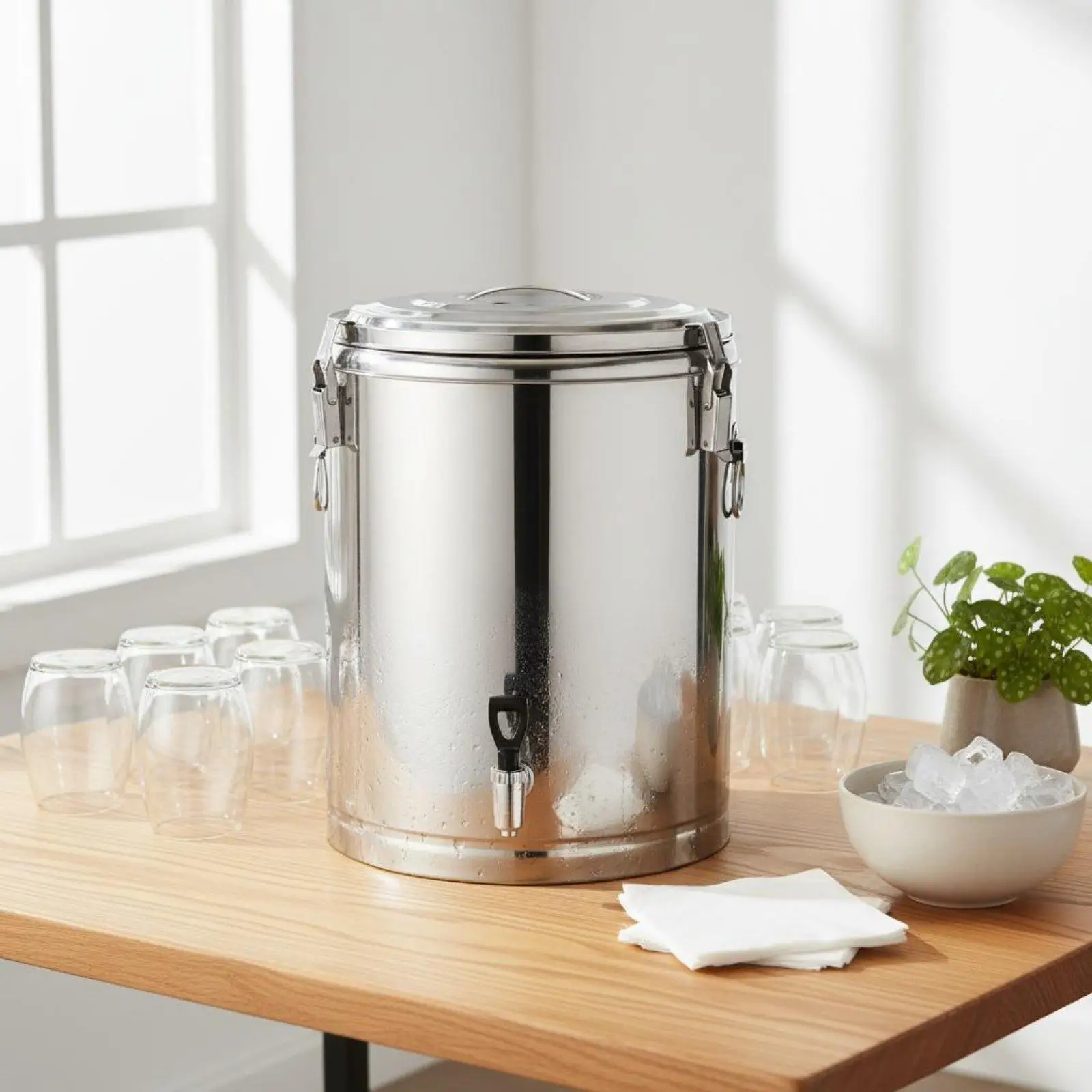 Stainless Steel Insulated Thermal Container Large Beverage Dispenser with Secure Buckle Lid and PU Foam Core for Outdoor