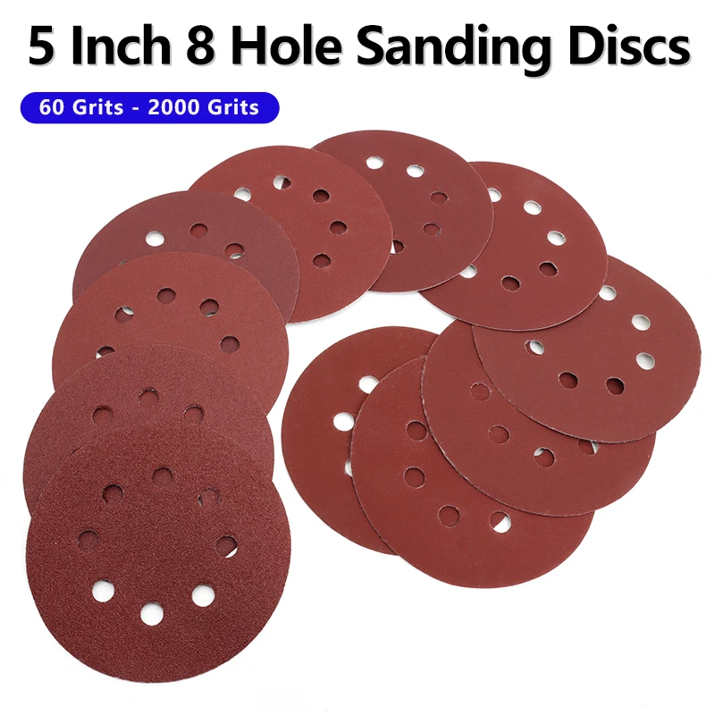 20/50Pcs 5 Inch 8 Hole Hook and Loop Sanding Discs 60~2000 Grits Flocking Sandpaper Adhesive Aluminum Oxide Sander Paper