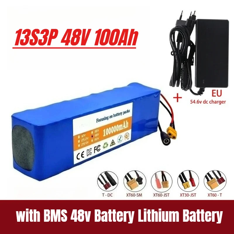New 13S3P 48V 100Ah 1000W XT60 48V Lithium Ion Battery Pack with BMS Battery 48v Lithium Battery 54.
