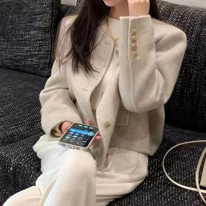 

Korean Style Small Fragrant Wind Jacket Spring Autumn New Fashion Denim Stitching Lapel Temperament Tweed Coat Loose Short Top