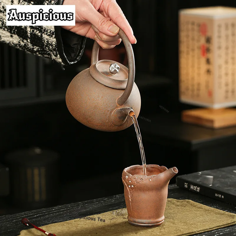 ZAEYORIA 420ml Old Rock Clay Loop-handled Teapot Antique Tea Infuser Pot Tea Soaking Kettle With Ball Hole Tea Ceremony Ornament