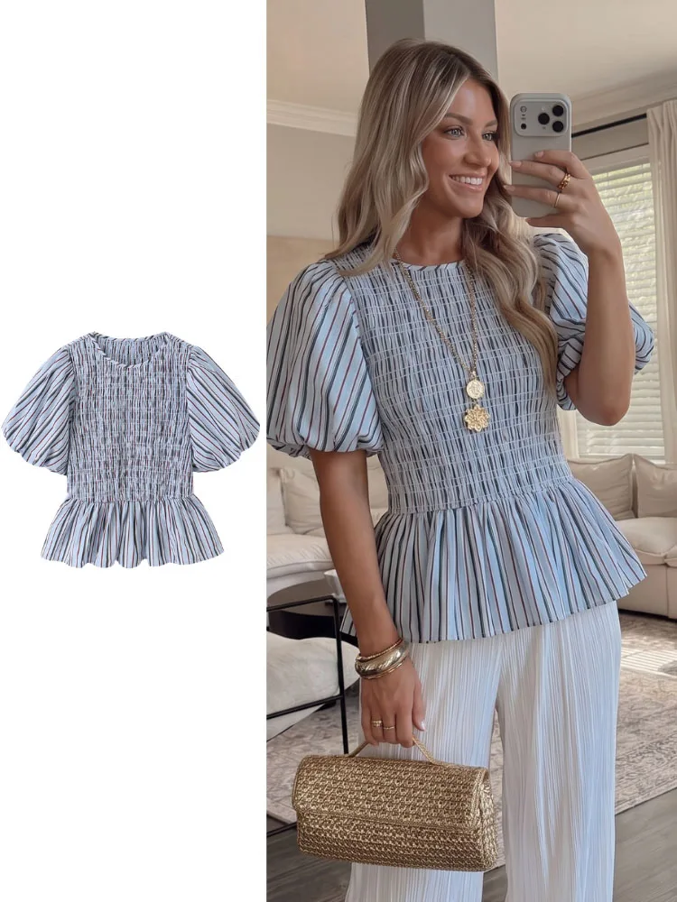 HH Women Summer Casual Striped Smocked Peplum Top Crew Neck Puff Sleeves Shirred Waist Ruffled Hem For Vacation Beach Party Wear