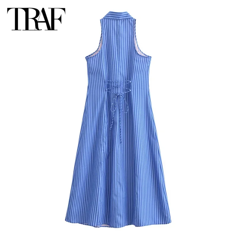 TRAF-Vestido Midi com Botões com Listras Fora do Ombro Feminino, Azul, Casual, Verão, 2022