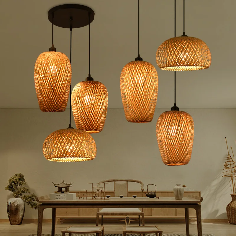 

Handmade Rattan Bamboo LED Pendant Lights Vintage Woven Chandeliers E27 Bulb Hanging Pendant Lamp Restaurant Suspension Lustre