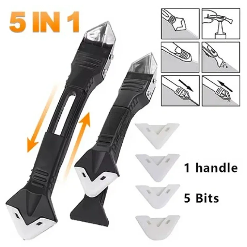 5 in 1 Metal Head Shovel Glue Tool Kit: Silicone Spatula, Caulk Remover, Grout Removal, Sealant Finishing & Corner Scrap