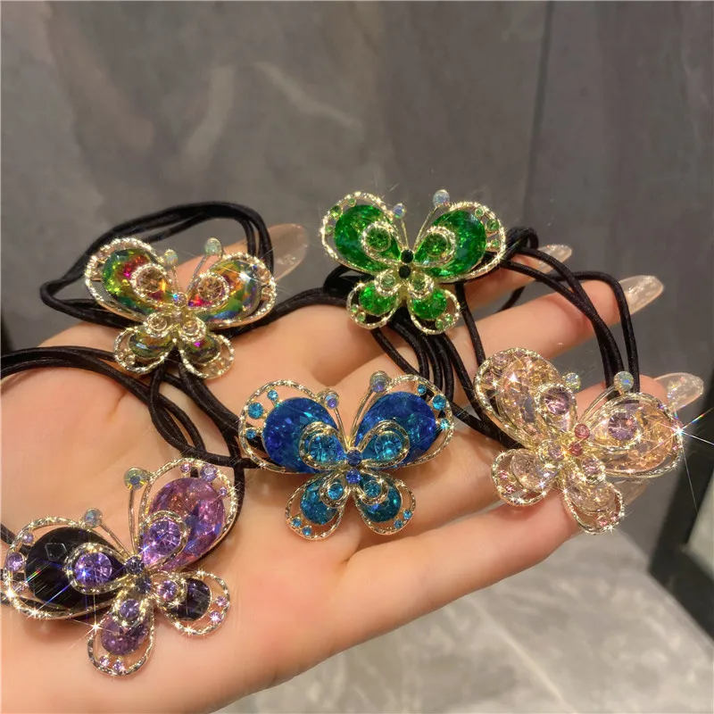 New Fashion Elastic Hair Bands  For Girl Women Ponytail Rubber Band Scrunchies Shining Butterfly Crystal Hair Rope Headdress