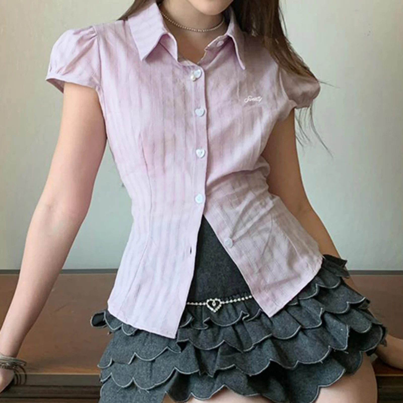 

Retro Women's Button Down Shirt Casual Slim Fit Letter Embroidery Bow Tie Back Turn Down Collar Short Sleeve Tops for Summer