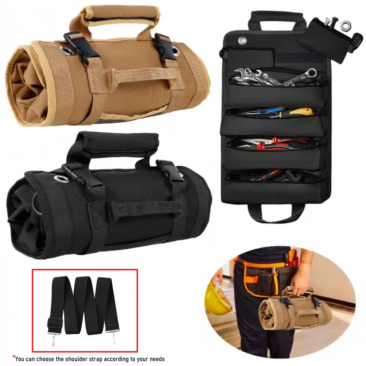 

Waterproof Roll Up Tool Bag 6 Interior Pockets Foldable Heavy Tool Organizer with 2 Small Pouches With/Without Shoulder Strap
