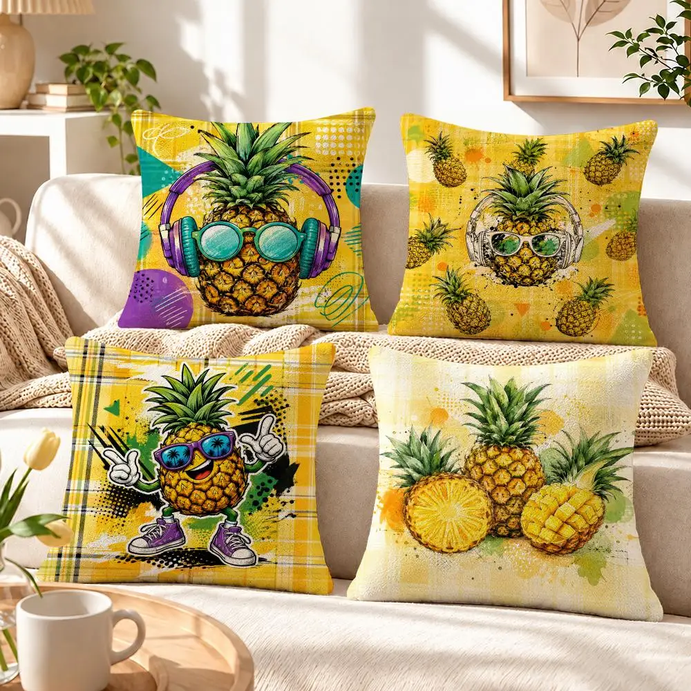 Art Cool Cartoon Pineapple Illustration Cushion Cover Soft Short‑Plush Pillowcase, Decor for Sofa & Bedroom, Perfect Holiday Gif
