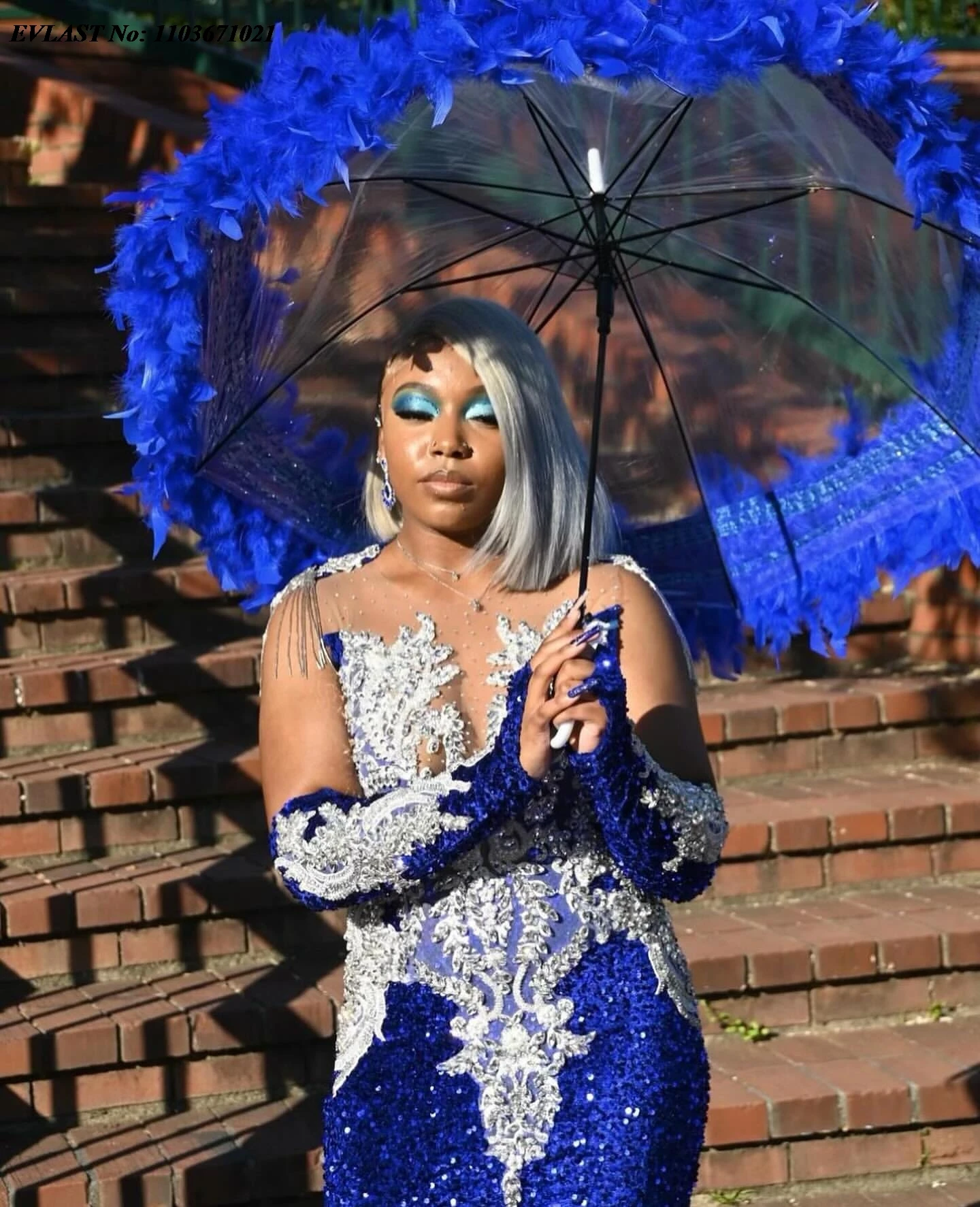 EVLAST personalizado azul real lentejuelas sirena vestido de graduación de manga larga para niñas negras vestido de Gala de cumpleaños con cuentas de diamantes de imitación P38