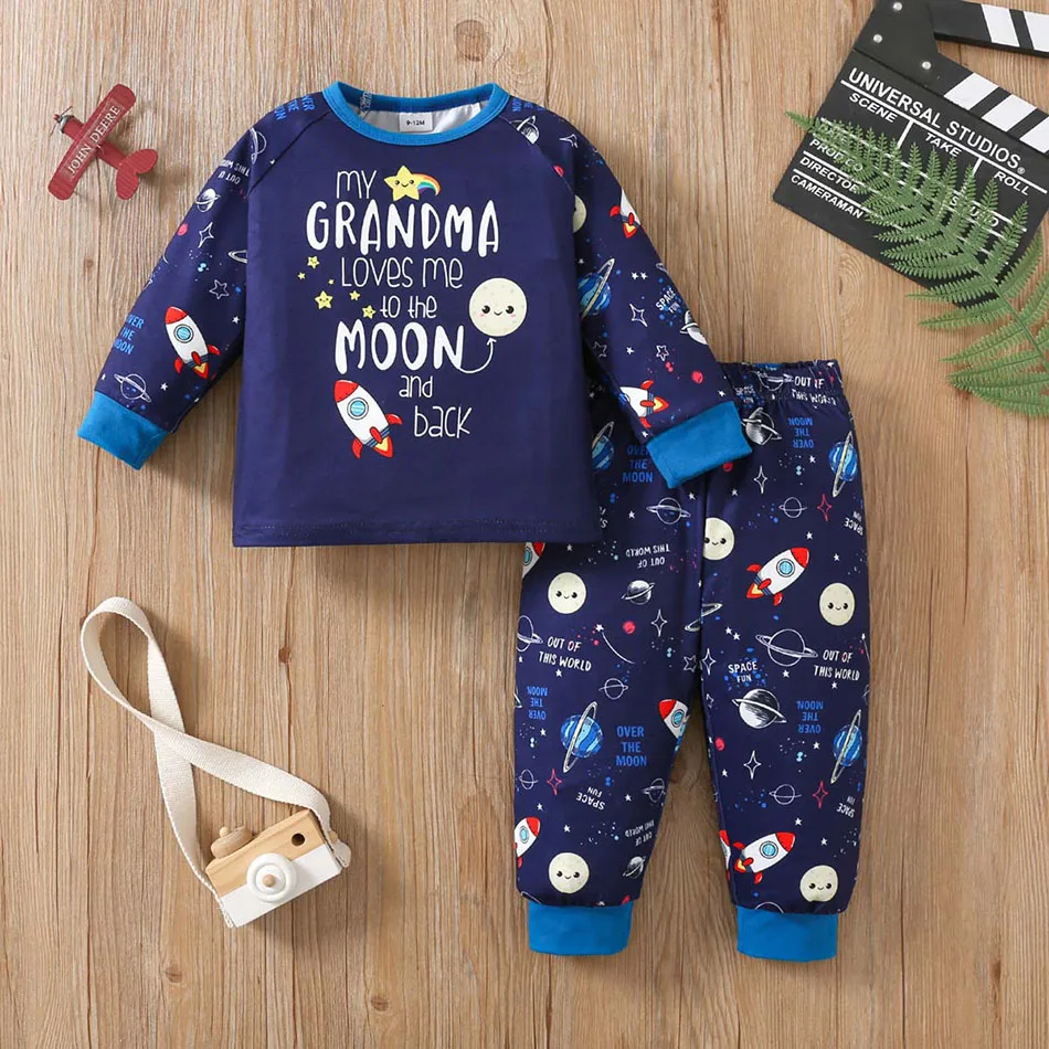 Boys and Girls Long sleeved Pants Round Neck Star Space Printed Letter Home Casual Clothing Two Piece Set New 2-6 Years Old