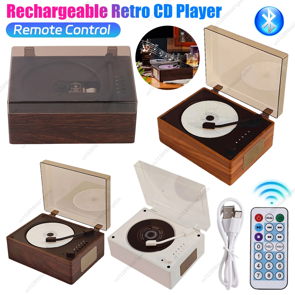 Retro cd player recarregável suporte cd bt usb 3.5mm aux casa leitor de música bluetooth-compatível 5.0 desktop cd player decoração de casa