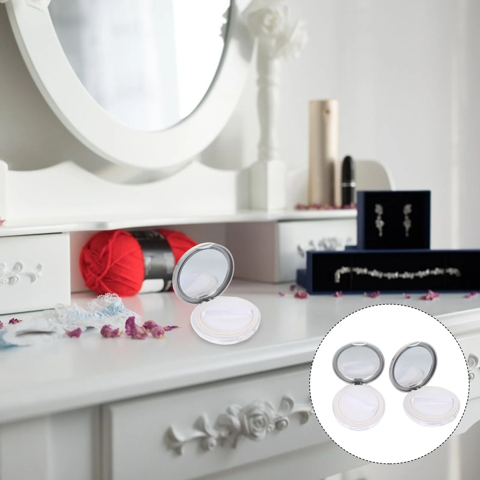 Caixa de pó solta portátil, 2 peças, design antiperda, tamanho compacto para viagens, escritório, escola, uso ao ar livre com espelho e sopro