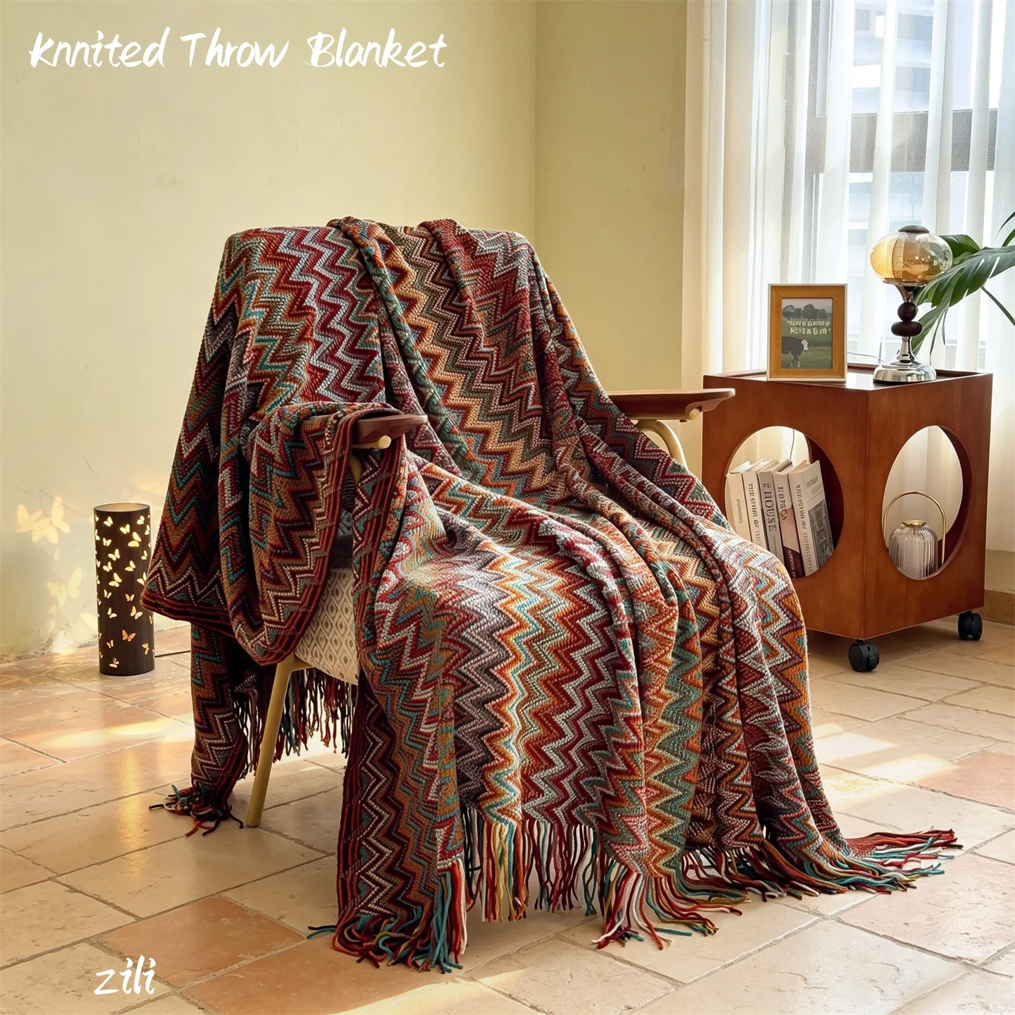 Bohemian Knitted Throw Blanket – Autumn Winter Lightweight Wrap for Couch, Office, Travel Nap, Boho Shawl, Bed End