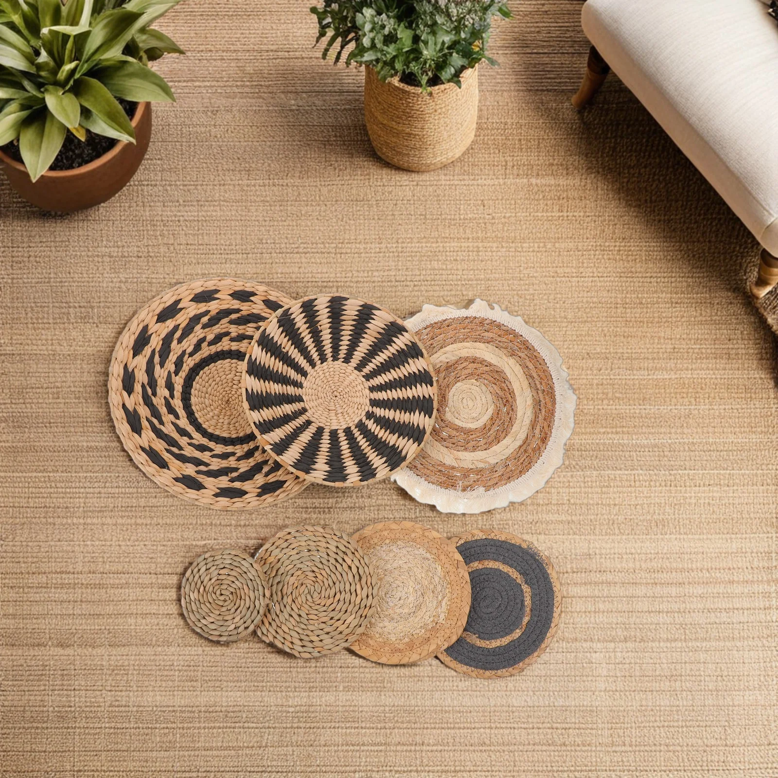 7pcs Bohemian Basket Decor Set Hand-Woven Straw Grass Round Hanging Baskets For Home Styling Farmhouse Living Room Wall Art -