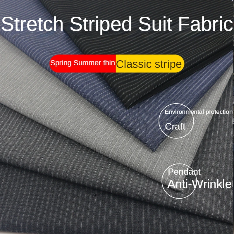 Suit Fabric Four-side Elastic Striped By The Meter for Pants Uniform Sewing Drape Anti-wrinkle Plain High-end Summer Black White