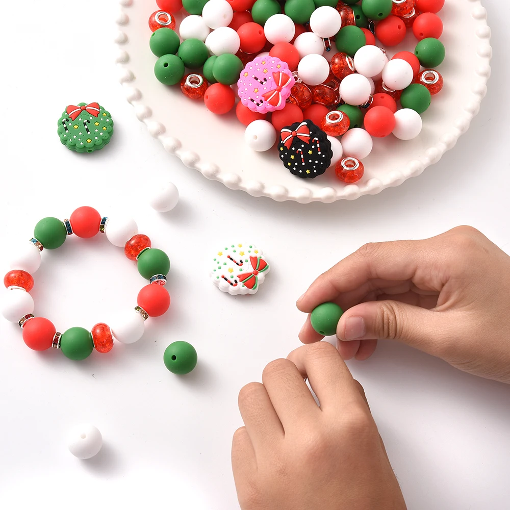 Fashion Christmas tree Silicone Beads Round 15mm Loose Beads Set Keychain Bracelet DIY Handmade Accessories For Jewelry Making