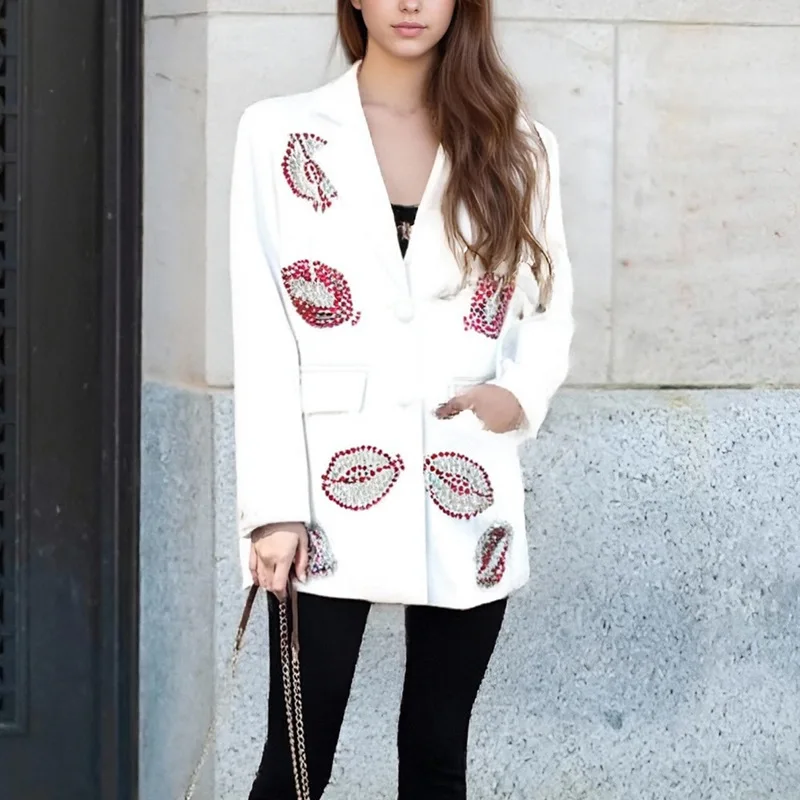 

Women's Autumn Slim Fit Suit Coat Rhinestone Red Lip Pattern Commuter Style Fashionable Office Lady Wear