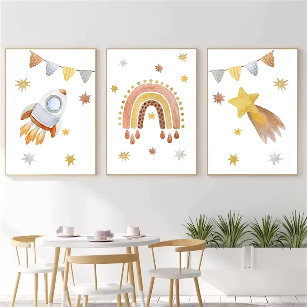 Pintura en lienzo de Planeta, cohete, estrella, Luna, nubes brillantes, arcoíris, guardería, póster nórdico, impresiones, decoración de la habitación de los niños