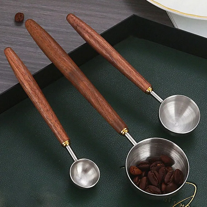 Stainless Steel Wood Handle Coffee Measuring Spoon Walnut Wood Long Handle Coffee Spoons Ice Cream Scoop Baking Dessert Utensils