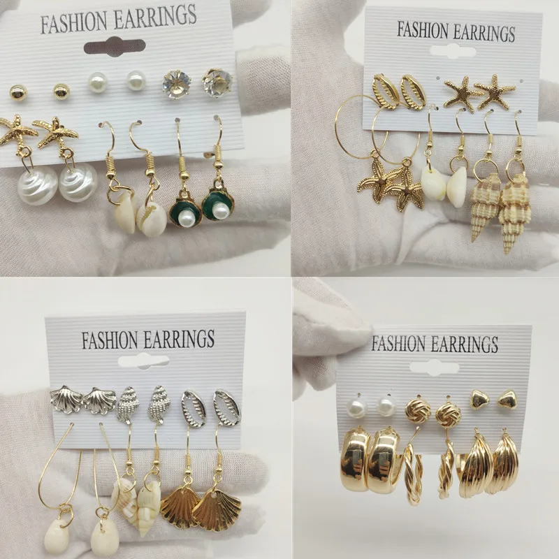 10 Sets/Lot New Mix Style Pearl Stud Earrings Women Gold Plate Starfish Shell Conch Cute Big Circle Hoop Ear Enamel Mermaid Girl